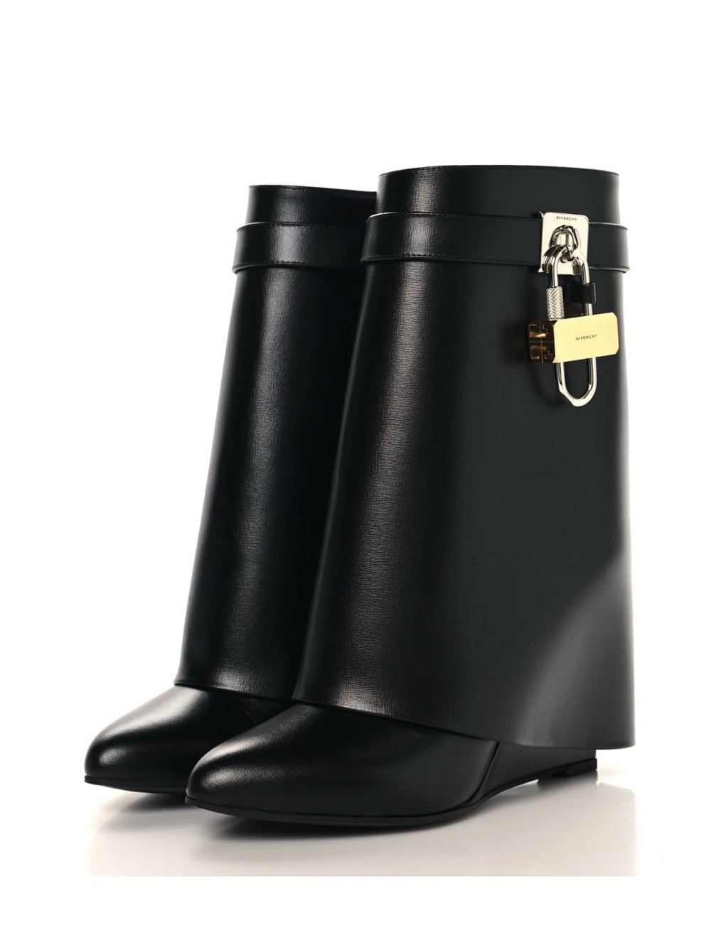 Givenchy Black Leather Wedge Mid-Calf Boots with Padlock Accent